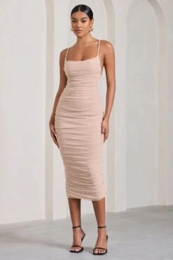 Bree | Nude Ruched Mesh Strappy Bodycon Midi Dress -ENY Clothing Shop WB CL128821059 Bree ChampagneRuchedMeshStrappyBodyconMidiDress1