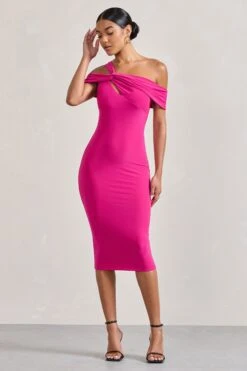 Chain Reaction | Fuchsia Pink Strappy Asymmetric Bodycon Midi Dress -ENY Clothing Shop WB CL128822057 ChainReaction FuchsiaPinkStrappyAsymmetricBodyconMidiDress1 5b803503 96bd 4813 95d0 34cbe042bb07
