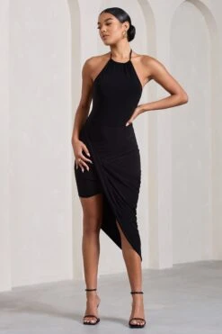Power Sweep | Black Gathered Halter-Neck Midi Dress -ENY Clothing Shop WB CL128823002 PowerSweep BlackGatheredHalter NeckMiniDress1