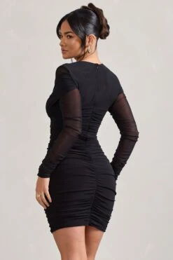 Sparks Fly | Black Ruched Mesh Long-Sleeved Bodycon Mini Dress 8 Sparks Fly | Black Ruched Mesh Long-Sleeved Bodycon Mini Dress -ENY Clothing Shop WB CL128825002 SparksFly BlackRuchedMeshLong SleevedBodyconMiniDress7