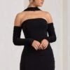 Thea | Black Ruched Long-Sleeved Bodycon Mini Dress With Halter Collar -ENY Clothing Shop WB CL128828002 Thea BlackRuchedLong SleevedBodyconMiniDressWithHalterCollar3
