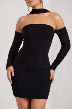 Thea | Black Ruched Long-Sleeved Bodycon Mini Dress With Halter Collar -ENY Clothing Shop WB CL128828002 Thea BlackRuchedLong SleevedBodyconMiniDressWithHalterCollar7