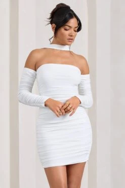 Thea | White Ruched Long-Sleeved Bodycon Mini Dress With Halter Collar -ENY Clothing Shop WB CL128828005 Thea WhiteRuchedLong SleevedBodyconMiniDressWithHalterCollar0