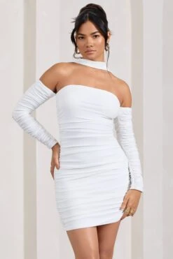 Thea | White Ruched Long-Sleeved Bodycon Mini Dress With Halter Collar -ENY Clothing Shop WB CL128828005 Thea WhiteRuchedLong SleevedBodyconMiniDressWithHalterCollar2