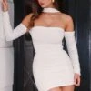 Thea | White Ruched Long-Sleeved Bodycon Mini Dress With Halter Collar -ENY Clothing Shop WB CL12882800506 Infulencer