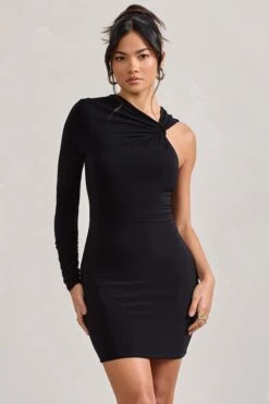 Fusion | Black Asymmetric Twisted Bodycon Mini Dress -ENY Clothing Shop WB CL128830002 Fusion BlackAsymmetricTwistedBodyconMiniDress0