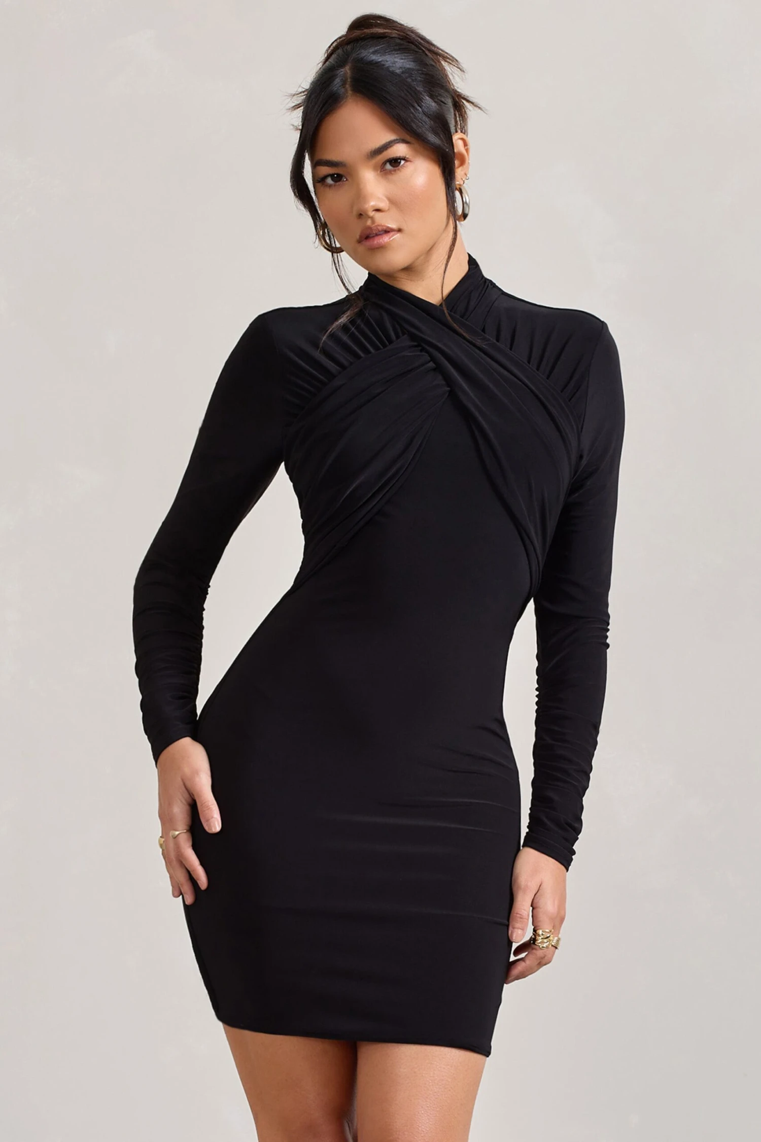 Eve | Black Crossed-Neck Long-Sleeved Bodycon Mini Dress 6 Eve | Black Crossed-Neck Long-Sleeved Bodycon Mini Dress - Image 4