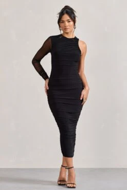 Luciene | Black Ruched Asymmetric Bodycon Midi Dress With Sheer Sleeve -ENY Clothing Shop WB CL128837002 Luciene BlackRuchedAsymmetricBodyconMidiDressWithSheerSleeve0