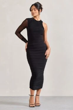 Luciene | Black Ruched Asymmetric Bodycon Midi Dress With Sheer Sleeve -ENY Clothing Shop WB CL128837002 Luciene BlackRuchedAsymmetricBodyconMidiDressWithSheerSleeve4