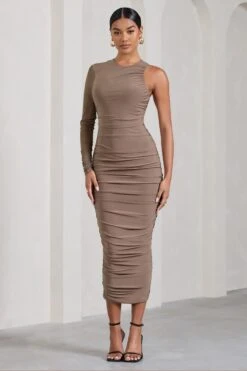 Luciene | Mocha Ruched Asymmetric Bodycon Midi Dress With Sheer Sleeve -ENY Clothing Shop WB CL128837038 Luciene MochaRuchedAsymmetricBodyconMidiDressWithSheerSleeve1
