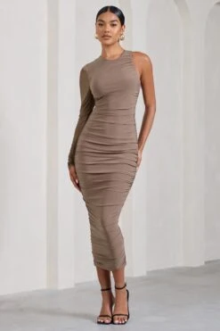 Luciene | Mocha Ruched Asymmetric Bodycon Midi Dress With Sheer Sleeve -ENY Clothing Shop WB CL128837038 Luciene MochaRuchedAsymmetricBodyconMidiDressWithSheerSleeve2