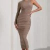 Luciene | Mocha Ruched Asymmetric Bodycon Midi Dress With Sheer Sleeve -ENY Clothing Shop WB CL128837038 Luciene MochaRuchedAsymmetricBodyconMidiDressWithSheerSleeve3
