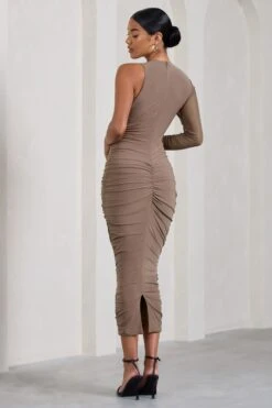 Luciene | Mocha Ruched Asymmetric Bodycon Midi Dress With Sheer Sleeve -ENY Clothing Shop WB CL128837038 Luciene MochaRuchedAsymmetricBodyconMidiDressWithSheerSleeve5