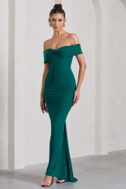 Vivienne | Bottle Green Bardot Open-Back Maxi Dress -ENY Clothing Shop WB CL128862047 VivienneBottleGreenBardotOpen BackMaxiDress0