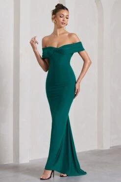 Vivienne | Bottle Green Bardot Open-Back Maxi Dress