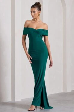 Vivienne | Bottle Green Bardot Open-Back Maxi Dress -ENY Clothing Shop WB CL128862047 VivienneBottleGreenBardotOpen BackMaxiDress2