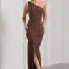 The Limelight | Chocolate Asymmetric Ruched Fishtail Maxi Dress 1 The Limelight | Chocolate Asymmetric Ruched Fishtail Maxi Dress -ENY Clothing Shop WB CL128866067 TheLimelightChocolateAsymmetricRuchedFishtailMaxiDress1