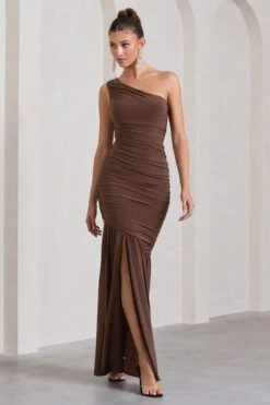 The Limelight | Chocolate Asymmetric Ruched Fishtail Maxi Dress -ENY Clothing Shop WB CL128866067 TheLimelightChocolateAsymmetricRuchedFishtailMaxiDress2