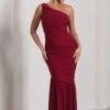 The Limelight | Berry Asymmetric Ruched Fishtail Maxi Dress -ENY Clothing Shop WB CL128866158 TheLimelightBerryAsymmetricRuchedFishtailMaxiDress1