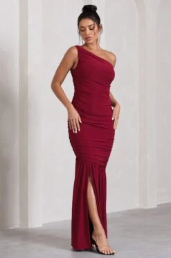 The Limelight | Berry Asymmetric Ruched Fishtail Maxi Dress -ENY Clothing Shop WB CL128866158 TheLimelightBerryAsymmetricRuchedFishtailMaxiDress3
