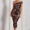 Alma | Bronze Asymmetric Ruched Bodycon Midi Dress -ENY Clothing Shop WB CL128869021 AlmaBronzeAsymmetricRuchedBodyconMidiDress0