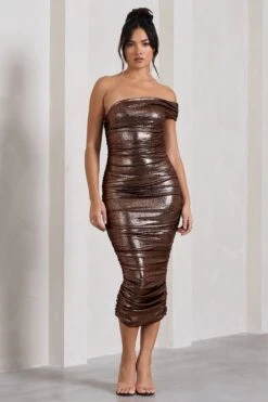 Alma | Bronze Asymmetric Ruched Bodycon Midi Dress -ENY Clothing Shop WB CL128869021 AlmaBronzeAsymmetricRuchedBodyconMidiDress3