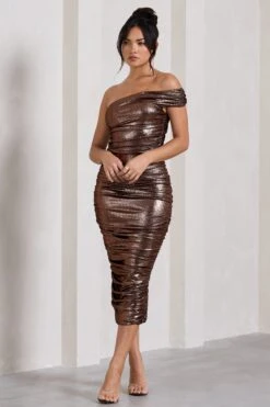 Alma | Bronze Asymmetric Ruched Bodycon Midi Dress -ENY Clothing Shop WB CL128869021 AlmaBronzeAsymmetricRuchedBodyconMidiDress5