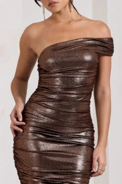 Alma | Bronze Asymmetric Ruched Bodycon Midi Dress -ENY Clothing Shop WB CL128869021 AlmaBronzeAsymmetricRuchedBodyconMidiDress6