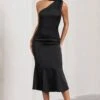 Golden Girl | Black Satin Asymmetric High-Neck Flared Midi Dress -ENY Clothing Shop WB CL128878002 GoldenGirlBlackSatinAsymmetricHigh NeckFlaredMidiDress3