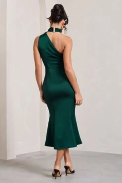 Golden Girl | Bottle Green Satin Asymmetric High-Neck Flared Midi Dress -ENY Clothing Shop WB CL128878047 GoldenGirl BottleGreenSatinAsymmetricHigh NeckFlaredMidiDress1