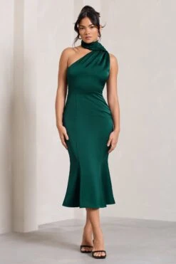 Golden Girl | Bottle Green Satin Asymmetric High-Neck Flared Midi Dress -ENY Clothing Shop WB CL128878047 GoldenGirl BottleGreenSatinAsymmetricHigh NeckFlaredMidiDress3