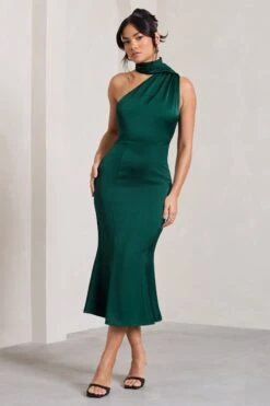 Golden Girl | Bottle Green Satin Asymmetric High-Neck Flared Midi Dress -ENY Clothing Shop WB CL128878047 GoldenGirl BottleGreenSatinAsymmetricHigh NeckFlaredMidiDress5