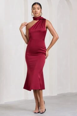 Golden Girl | Burgundy Satin Asymmetric High-Neck Flared Midi Dress -ENY Clothing Shop WB CL128878069 GoldenGirlBurgundySatinAsymmetricHigh NeckFlaredMidiDress0