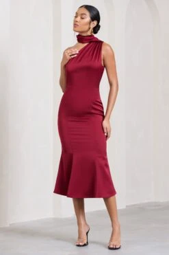 Golden Girl | Burgundy Satin Asymmetric High-Neck Flared Midi Dress -ENY Clothing Shop WB CL128878069 GoldenGirlBurgundySatinAsymmetricHigh NeckFlaredMidiDress1