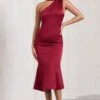 Golden Girl | Burgundy Satin Asymmetric High-Neck Flared Midi Dress 1 Golden Girl | Burgundy Satin Asymmetric High-Neck Flared Midi Dress -ENY Clothing Shop WB CL128878069 GoldenGirlBurgundySatinAsymmetricHigh NeckFlaredMidiDress2