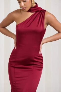 Golden Girl | Burgundy Satin Asymmetric High-Neck Flared Midi Dress -ENY Clothing Shop WB CL128878069 GoldenGirlBurgundySatinAsymmetricHigh NeckFlaredMidiDress3
