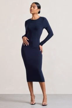 Dynasty Darling | Navy Cowl-Back Long-Sleeved Bodycon Midi Dress -ENY Clothing Shop WB CL128880015 DynastyDarling NavyCowl NeckLong SleevedBodyconMidiDress1