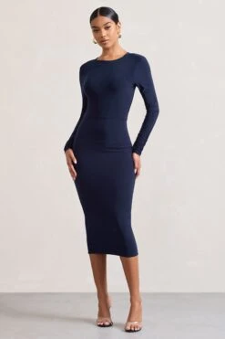 Dynasty Darling | Navy Cowl-Back Long-Sleeved Bodycon Midi Dress -ENY Clothing Shop WB CL128880015 DynastyDarling NavyCowl NeckLong SleevedBodyconMidiDress4