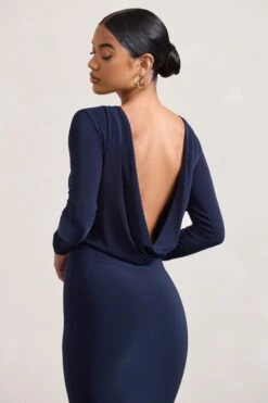 Dynasty Darling | Navy Cowl-Back Long-Sleeved Bodycon Midi Dress -ENY Clothing Shop WB CL128880015 DynastyDarling NavyCowl NeckLong SleevedBodyconMidiDress8