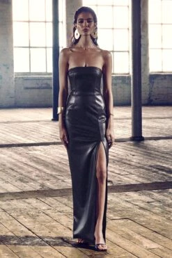Marlene | Black Faux Leather Strapless Bandeau Split Maxi Dress -ENY Clothing Shop WB CL128890002 MarleneBlackFauxLeatherStraplessBandeauSplitMaxiDress HERO