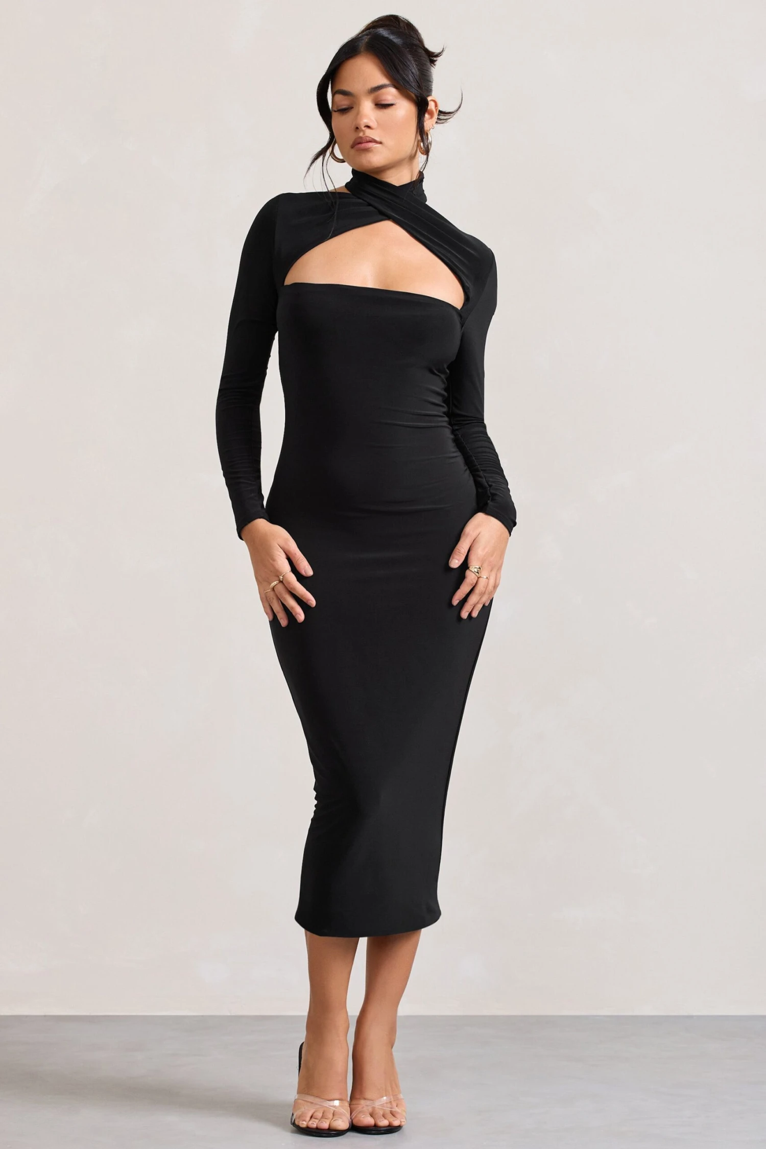 High Hopes | Black Halter-Neck Long-Sleeved Bodycon Midi Dress 3 High Hopes | Black Halter-Neck Long-Sleeved Bodycon Midi Dress