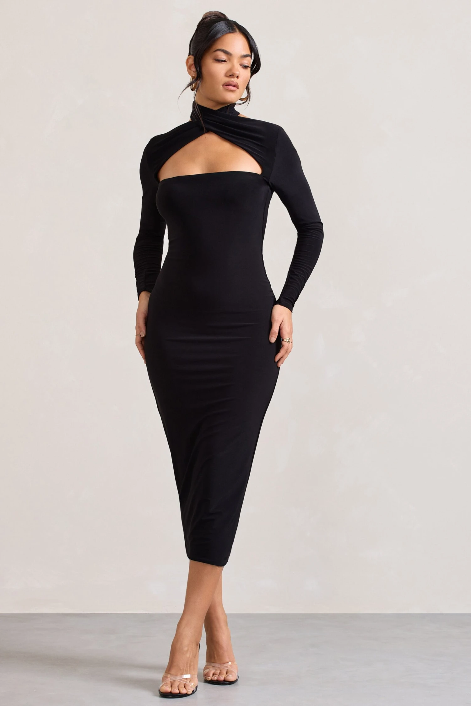 High Hopes | Black Halter-Neck Long-Sleeved Bodycon Midi Dress 6 High Hopes | Black Halter-Neck Long-Sleeved Bodycon Midi Dress - Image 4