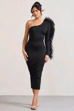 Wild One | Black One-Shoulder Bodycon Midi Dress With Feather-Trimmed Sleeve -ENY Clothing Shop WB CL128897002 WildOneBlackAsymmetricBodyconMidiDressWithFeather TrimmedSleeve1