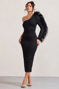 Wild One | Black One-Shoulder Bodycon Midi Dress With Feather-Trimmed Sleeve -ENY Clothing Shop WB CL128897002 WildOneBlackAsymmetricBodyconMidiDressWithFeather TrimmedSleeve3