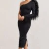 Wild One | Black One-Shoulder Bodycon Midi Dress With Feather-Trimmed Sleeve