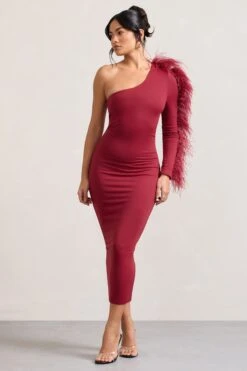 Wild One | Burgundy One-Shoulder Bodycon Midi Dress With Feather-Trimmed Sleeve -ENY Clothing Shop WB CL128897069 WildOneBurgundyAsymmetricBodyconMidiDressWithFeather TrimmedSleeve4