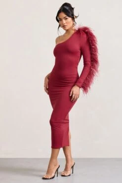 Wild One | Burgundy One-Shoulder Bodycon Midi Dress With Feather-Trimmed Sleeve -ENY Clothing Shop WB CL128897069 WildOneBurgundyAsymmetricBodyconMidiDressWithFeather TrimmedSleeve5