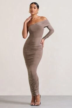 Afterparty | Mocha Ruched Asymmetric Bodycon Maxi Dress -ENY Clothing Shop WB CL128901038 Afterparty MochaRuchedAsymmetricBodyconMaxiDress3 a55ac64c 2dc2 44ae 918c 210124381ac5
