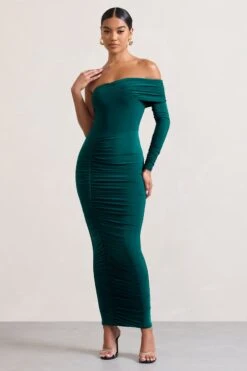 Afterparty | Bottle Green Ruched Asymmetric Bodycon Maxi Dress -ENY Clothing Shop WB CL128901047 AfterpartyBottleGreenRuchedAsymmetricBodyconMaxiDress1