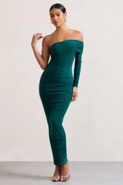 Afterparty | Bottle Green Ruched Asymmetric Bodycon Maxi Dress -ENY Clothing Shop WB CL128901047 AfterpartyBottleGreenRuchedAsymmetricBodyconMaxiDress2